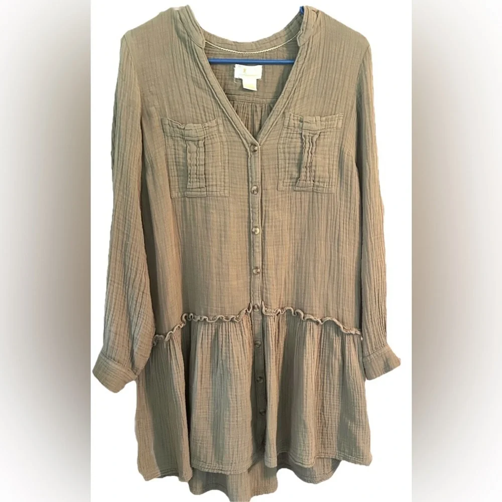 Anthropologie Maeve Katie Textured‎ Gauzy Utility Tunic Dress Long Sleeves